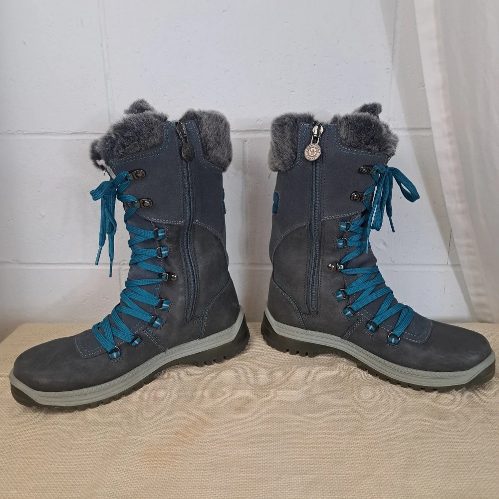 Santana Canada Marinda Grey Turquoise Tall Leather Lace Up Winter Boots 10